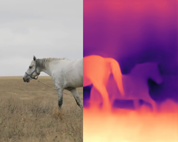 Photograph of a horse beside its color-coded monocular-depth prediction