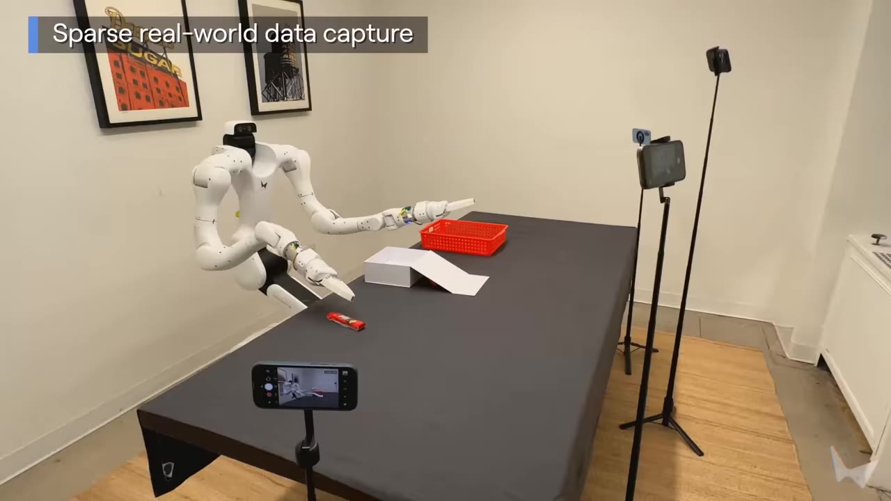 A robot manipulation setup captured by several ordinary cameras for a real-to-sim demonstration.